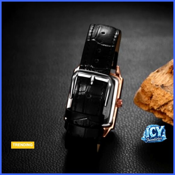 Retro Square Quartz Watch Silver Tone Case Crocodile Pattern Leather Strap